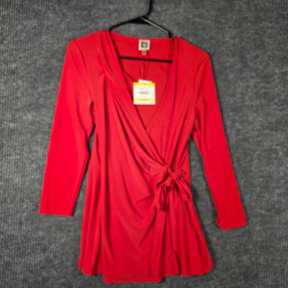 Anne Klein NWT Red Wrap Top Size M 3/4 Sleeve Ruched V Neck Blouse